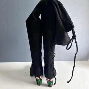 Catherine Maladrino Boots Size 6.5 Black over the knee floral embroidery boho